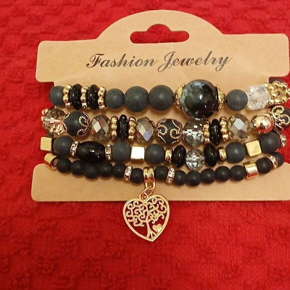 TREE OF LIFE Black W/Gold Bracelet SET OF 4 - Picture 2 of 5